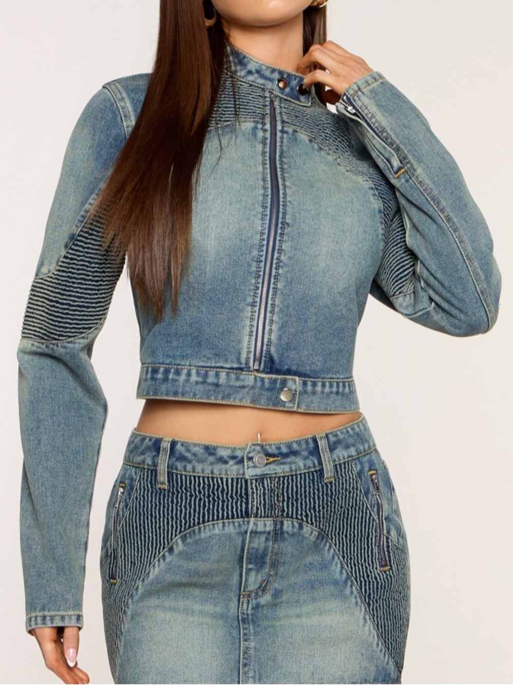 Cropped Blue Denim Moto Jacket - Women's Jeans Set Sz Small